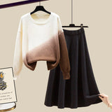Women Autumn Winter Warm Knitted Two Pieces Sets Korean Long Sleeve Pullover Sweater Top And High Waist Knitting Skirts