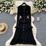 Fongt Scented Dress Women's Autumn And Winter Set High-End Feeling V-Neck Metal Buckle Slimming Lotus Leaf Side Knitting Skirt