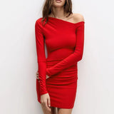 Fongt Women's Fall 2024 New Solid Color Long Sleeve One Shoulder Diagonal Collar Sexy Hip Dress Mini-Outfit