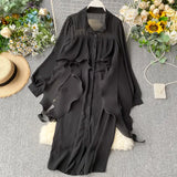 Shirt Female Designer Feel Minority Pleated Lotus Leaf Ribbon Loose Medium And Long Style Chiffon Dress Trend-Outfit