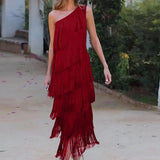 Fongt 2024 New Fashion Solid Color Diagonal Collar Multi-Layer Tassel Splicing Design Dress-Outfit
