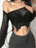 Sheer Mesh Lace Up Blouse-Outfit