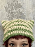 Hand Made Horn Detail Striped Knitted Hat-Outfit