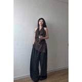 Fongt Temperament Collar Hanging Neck Vest Top Fashion Loose Feeling Loose Wide Legs Casual Pants Women Two Sets