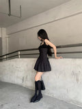 Black Pleated Strap Mini Dress-Outfit