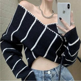 Fongt Girl Cross One Word Shoulder Striped Top Spring New Chic Retro Sexy Off The Shoulder Long Sleeves Show Skinny Knit-Outfit
