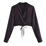 Spring New Women's Clothing Design Versatile Temperament Polo Long-sleeved Slim Silk Satin Texture Short Lace-up