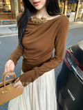 Fongt Xixi 2025 Autumn New White Tidaught Flower Oblique Shoulder Knit Shirt Long-Sleeved Top Sweater Women 89499