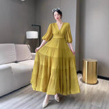 Fongt Seaside New Super Layer V-Neck Waist Temperament Famous 100 Fold Dress Short-Sleeved A-Word Dress Woman