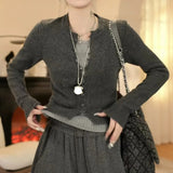 Fongt Dark Gray Slim Fake Two Knitted Shirt Women Autumn New Niche Temperament Thin Sweater Top