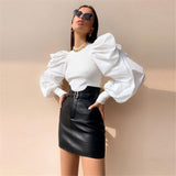 Retro Womens Long Puff Sleeve Blouse Shirt Spring Fall Black White Solid Fashion Elegant Blouses Tops Female Blusas