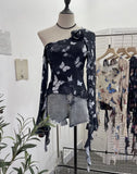 Tie Dyed Elastic Mesh Oblique Shoulder Irregular Horn Long-Sleeved T-Shirt Flower Short Floated Female