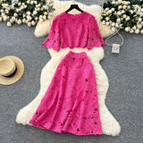 Fongt High-End Squeal Hook Lace Set Women's Summer Fashion Short Horn Sleeve Shirt High Waist Half-Dress