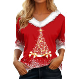 Fongt Wear 2024 New Christmas Elements Print Long Sleeve V Collar Women's T-Shirt-Outfit