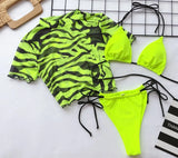 Sleeve Leopard 3 Piece Swimsuit High Cut Push Up Padded Bikini Female Bathers Sports Bathing Suit Thong Swimwear
