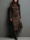 Fongt Retro High-Necked Dress In Autumn 2025 Solid Color With Low-Sleeved Dress