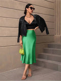 2024 New Women's Satin Slim Skirt Satin Solid Color Medium-Long Buttocks Fishtail Skirt-Outfit