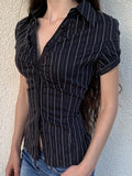 Fongt Commute Wind Fashion Stripe Buckle Bubble Sleeve Top Hottie Temperament Folding Braid Shirt