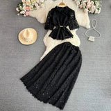 Fongt Luxury Retro Temperament Female Short-Sleeved Single Buckle Shirt High-Rise Half-Dress Two Sets Of Lace Fashion Set
