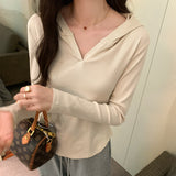 Basic Style Threaded Hooded Top Women's Autumn And Winter New Slim Short-Sleeved T-Shirt-Outfit