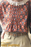 Floral Women Short Shirts Short Sleeves Lace Up Neck Korean Chic Lady Blouse Patchwork Female Outwear