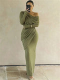 Draped Off-Shoulder Long Sleeve Top And Maxi Skirt Set-Outfit