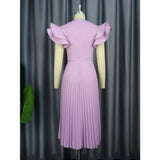 Advanced Casual Light Purple Square Neck Dress Elegant Temperament Casual Commuter Pleated Dress-Outfit