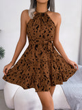 Wind Shooting Spring And Summer Leisure Leopard-Print Lotus Leaf Side Hanging Neck Dress Women's