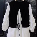 Women's Clothing Korean Houndstooth Blouse Stylish Drawstring Spring Autumn O-Neck Patchwork Casual Fake Two Pieces Folds Shirt-Outfit