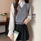 Fongt New College Style With Long-Sleeved Shirt Women's Short Splicing Fake Two Knitted Vest Tops Women's