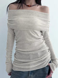 Solid Off Shoulder Slim Long Sleeve Knit-Outfit