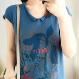 Loose Hand-Painted Printed T-shirt Casual V-Neck Summer Commute Korean Female Clothing Short Sleeve Knitted Pullovers-Outfit