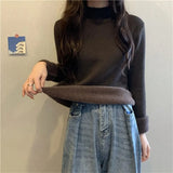 Women's Fall Winter Thicken Slim Sweater Casual Mock Neck Plus Velvet Knitted Tops Warm Soft Jumper Basic Knitwear Jumper