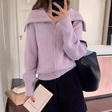 Fongt Lazy Wind Big Lapel Cardigan Zipper Jacket Women's Autumn And Winter New Wide Soft Waxy Sweater Top-Outfit