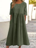 Fongt Cotton-Sleeved Short-Sleeved Pocket Folded Loose Round-Neck Dress In Summer