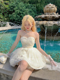 Sweet Strapless Dress for Women Summer New Slim Waist A-line Dresses Y2k Mesh Patchwork Fairycore Vestidos Mujer-Outfit