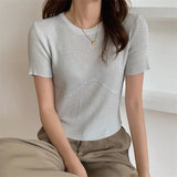 Fongt White Knitted Bottom T-Shirt Hottie New Ice Silk Short-Sleeved Woman Design Slim Short Thin