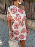 Summer Print Single Shoulder Pleated Back Short Sleeve Slim Holiday Seaside Mini Dress-Outfit