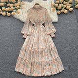 Fongt Autumn Vintage Chic Gentle Wind Broken Flower Dress Women's Standing Collar Long Dress Yang Age Reduction French First Love Dress