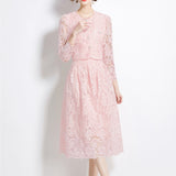 Fongt Fragrant Suit Women's Short Round Collar Bubble Sleeve Lace Blouse High Waist Swing Half Dress Women's Autumn Dress Two Sets