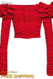 2023 New Women's Red Black Short Off Shoulder Stretch Sexy Pleated Hollow out Flower Top Long Sleeve Off Shoulder