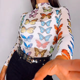 Fongt Women's Mesh Hollow Out Butterfly Print Long Sleeve Crop Short T-Shirt Bottom Shirt