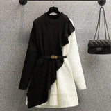 Women Fall Winter Patchwork Knitted Sweater Dresses Korean Casual Vestidos Female High Waist A-line Dresses