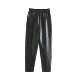 Vintage Stylish Pu Leather Pockets Pants Women Fashion Hight Waist Ankle Trousers Sweatpants Casual