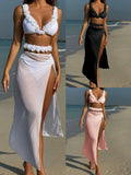 2025 New Solid Color Lace Sexy Three-Piece Mesh Dress