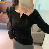 U-Collar Half-Breasted Thread Bottomed Shirt Women's Spring And Autumn New Shoulder Long-Sleeved T-Shirt With Solid Color