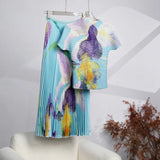 Fongt Fashion Set Women's Summer French High-Grade Folding Print Short-Sleeved Top + Loose A Word 100-Fold Long Skirt