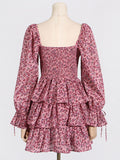 Fongt Spring New Fashion Fresh Sweet Wind Tling With Belt Print Bubble Sleeve Bra Short Dress