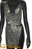 Women Sparkly Rhinestone Sexy Two Piece Set 2023 New Low Cut Sleeveless Halter Backless Party Top Split Empire Mini