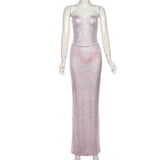Pink Sequin Tube Top And Maxi Skirt Set-Outfit